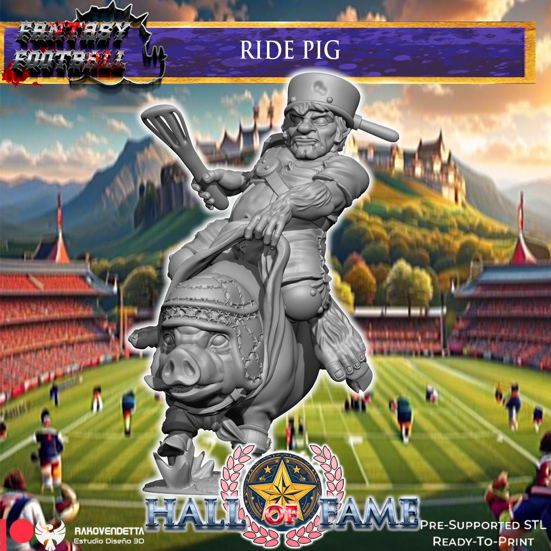 The image is a fantasy football advertisement featuring a statue of a pig riding a piggyback on a football player. The background depicts a football stadium with players on the field.