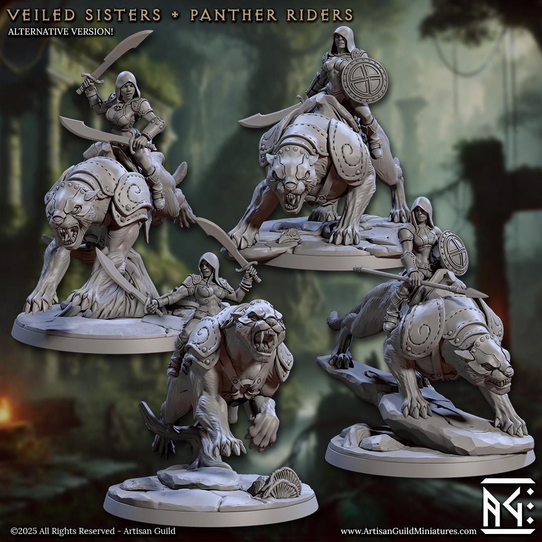 Panther Riders | Mounted Amazon Warriors | 32mm | Large | Amazon Warrior | Artisan Guild | Veiled Sisterhood | Dungeons and Dragons