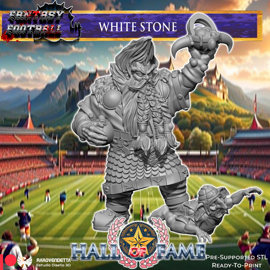 The image is a promotional poster for a fantasy football game, featuring a large statue of a bearded dwarf warrior holding a sword and shield, standing on a football field with a stadium in the background.
