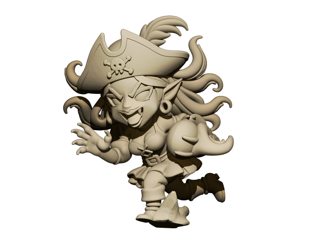 A 3D model of a pirate character with a pirate hat, sword, and other pirate-related accessories.