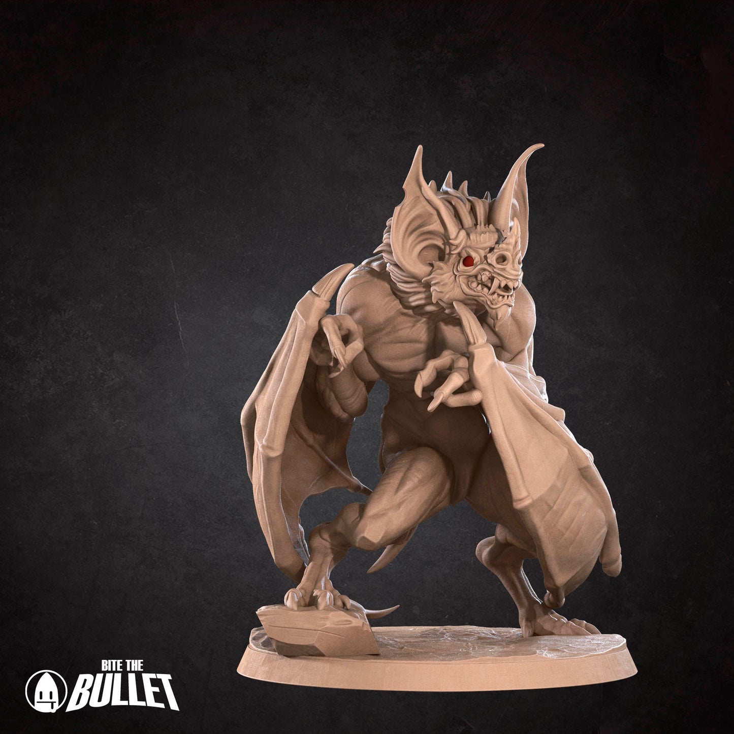 A 3D rendering of a bat-like creature with sharp teeth and claws, standing on a platform against a dark background.