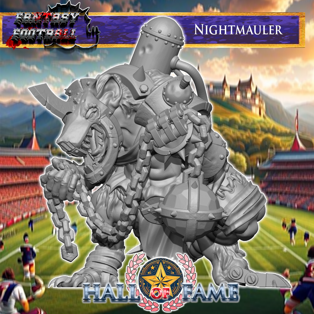 a large, imposing statue of a creature resembling a dragon or serpent, with chains around its neck and a fierce expression on its face. The statue is set against a backdrop of a football stadium, suggesting a sports-themed setting.