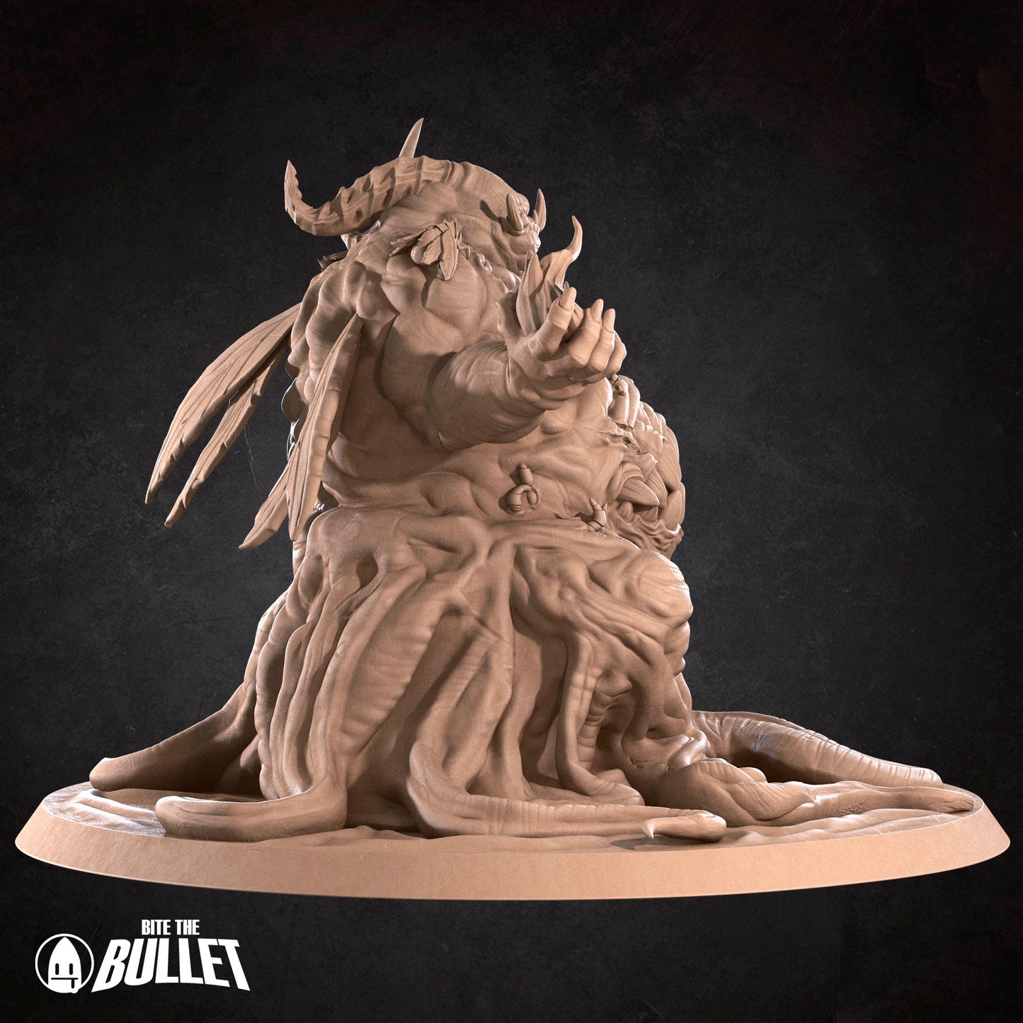 A 3D rendering of a fantastical creature with a large head, long neck, and intricate features, sitting on a base and holding a small object in its hands.