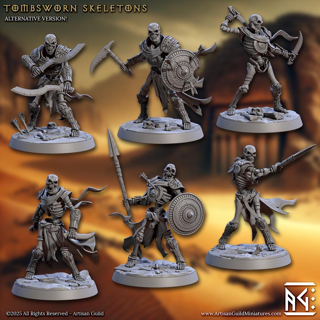 Tombsworn Skeletons | Undead Warriors | 30mm Base | Medium | 32mm | Artisan Guild | Tombkeepers | Miniature | 3D Printed | 8K Quality