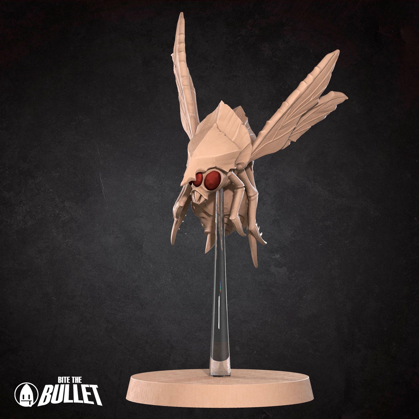 A 3D rendering of a stylized insect or bug with large wings and a red eye, displayed on a stand against a dark background.