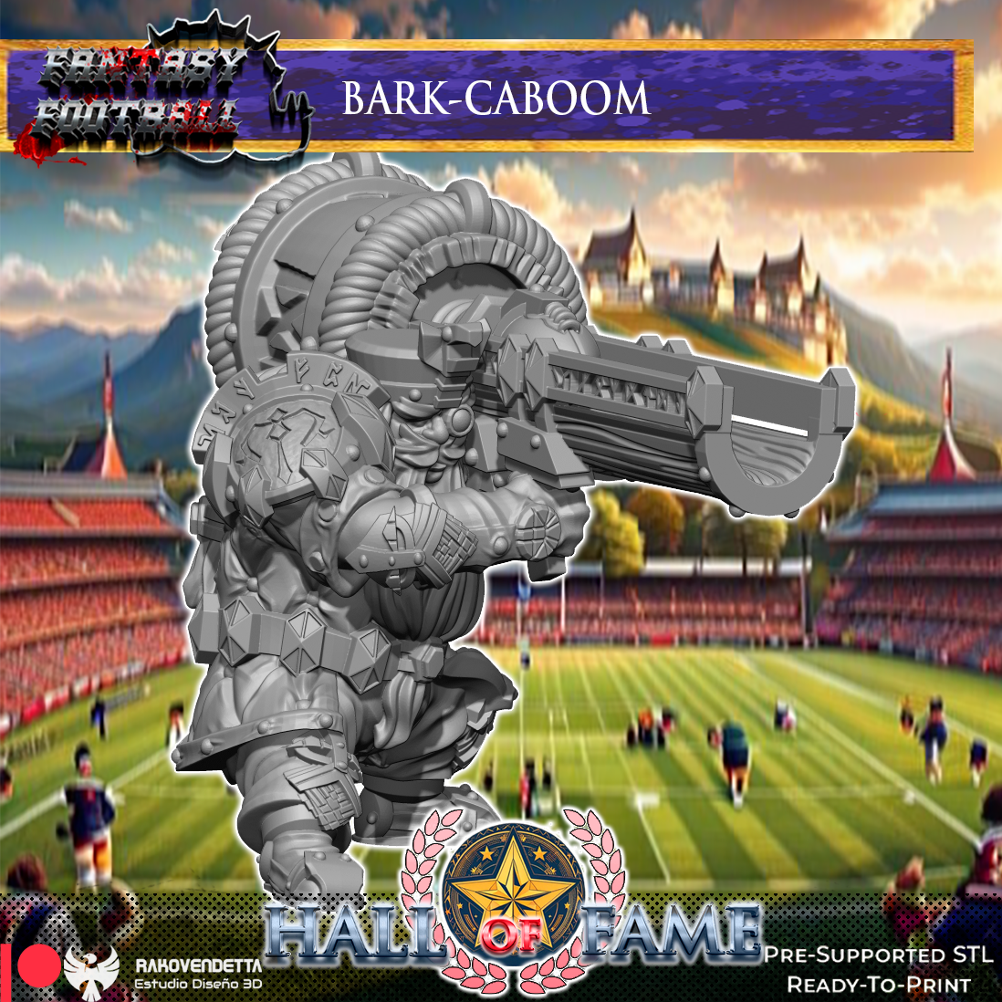 The image is a collage featuring a large, imposing statue of a creature with a gun, set against a backdrop of a football stadium and a castle.