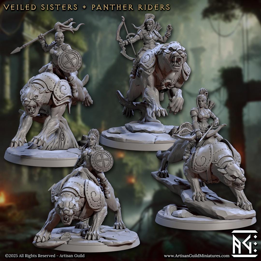 Panther Riders | Mounted Amazon Warriors | 32mm | Large | Amazon Warrior | Artisan Guild | Veiled Sisterhood | Dungeons and Dragons