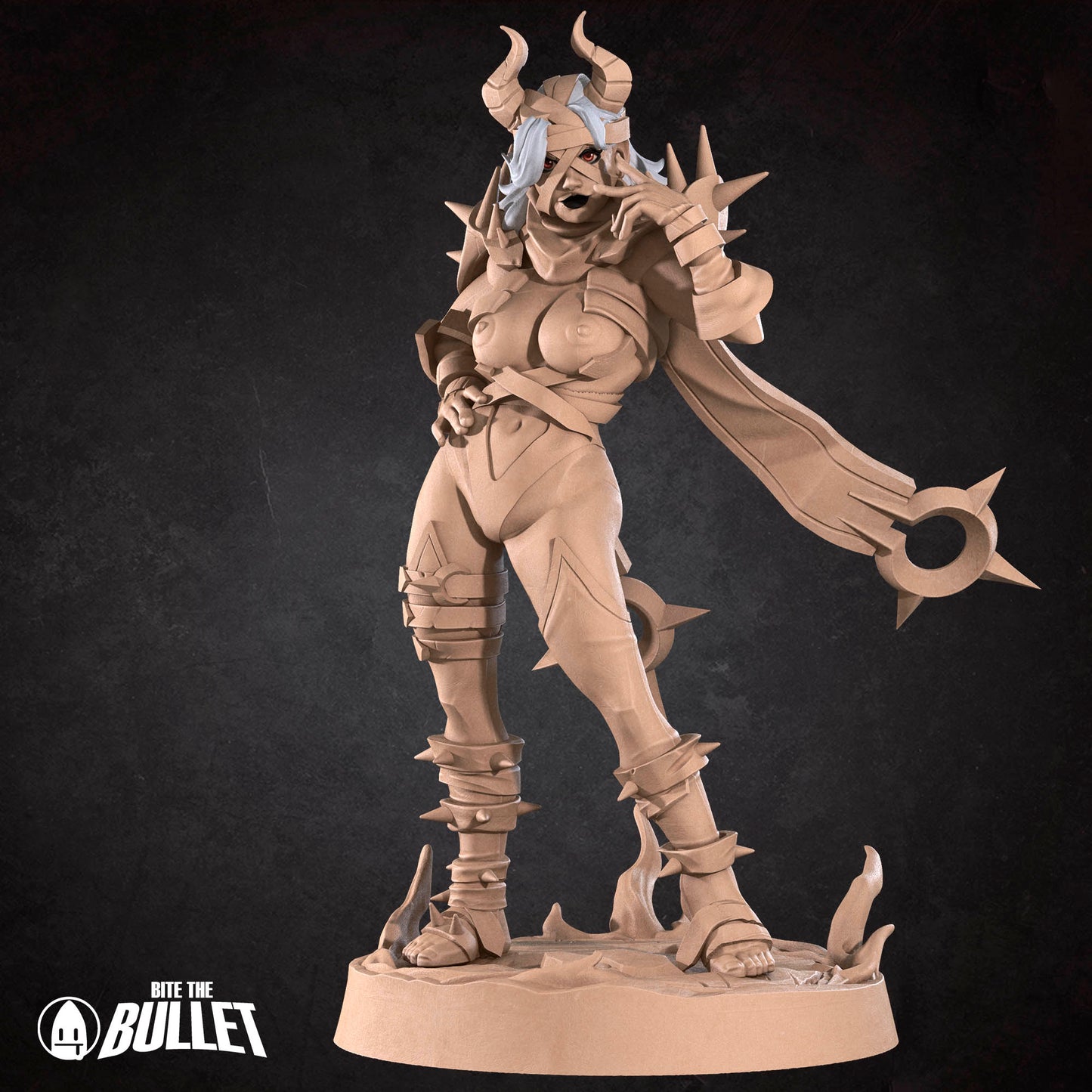A 3D rendering of a female character with horns and a fierce expression, standing on a base and holding a weapon.