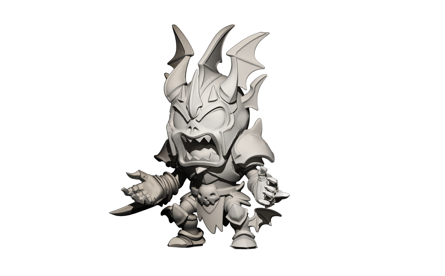 A 3D model of a fierce-looking, horned character with sharp teeth and claws, standing in a dark, shadowy environment.
