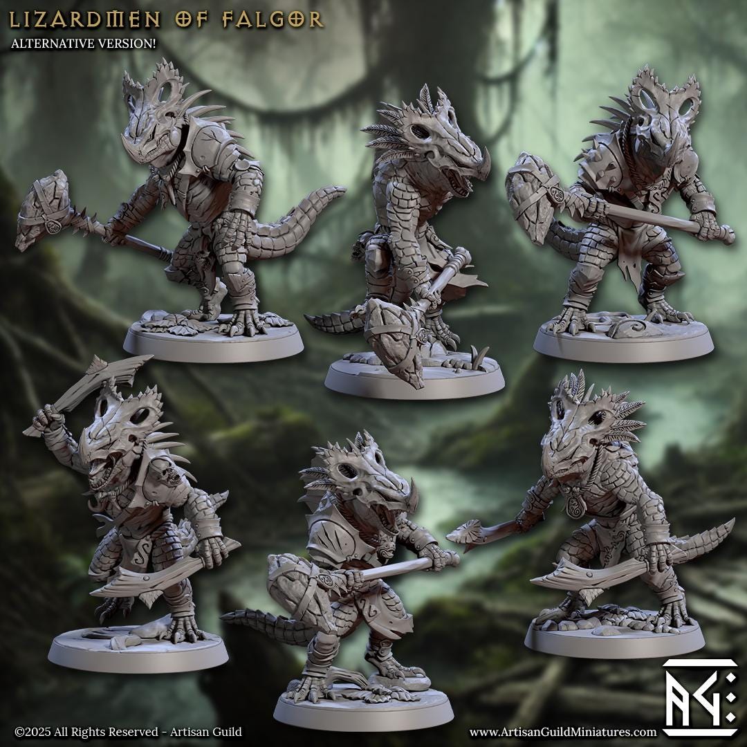 Lizardman Warrior Band | Medium | 30mm Base | Lizardmen of Falgor's Swamp | Artisan Guild | Dungeons and Dragons | TTRPG