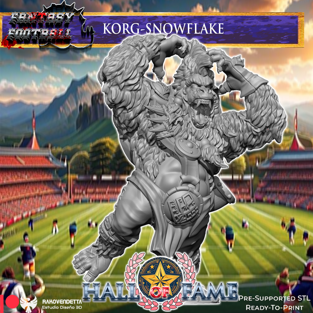 A large, detailed statue of a fierce-looking, furry creature resembling a snowflake or a dragon, standing on a football field. The statue appears to be made of a material that resembles stone or metal, and it is the main focus of the image.