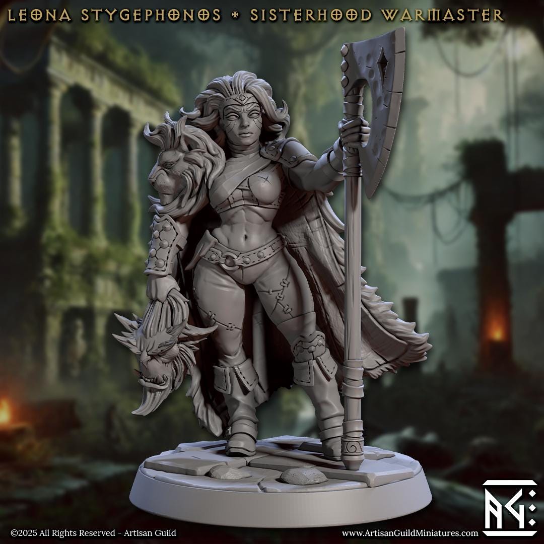 Leona Stygephonos | Sisterhood Warmaster | 32mm | Medium | Amazon Warrior | Artisan Guild | Veiled Sisterhood | Dungeons and Dragons