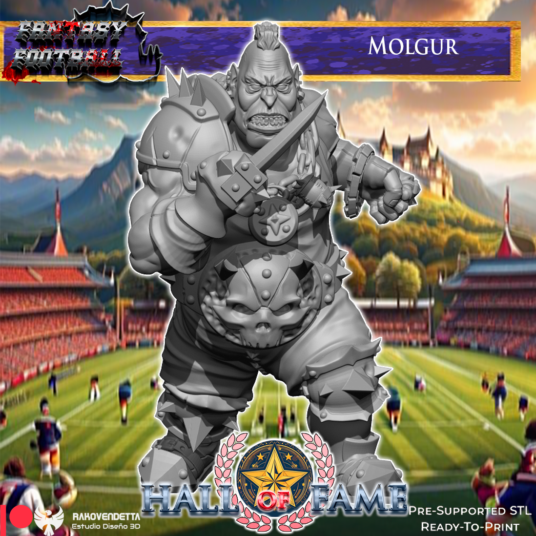 The image is a collage featuring a large, imposing figure of a warrior or fantasy football player, with a football stadium in the background.