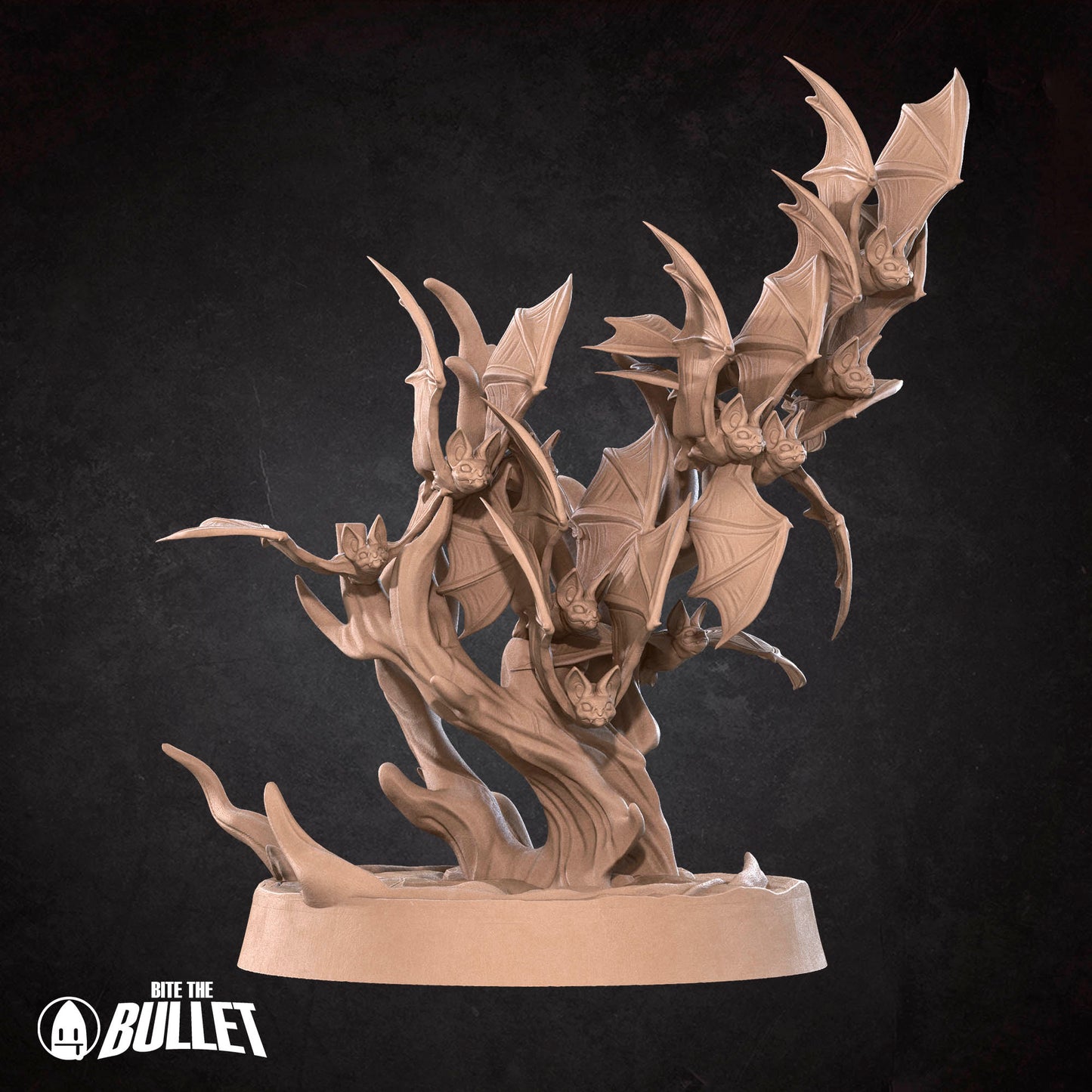 A 3D rendering of a bat-like creature with multiple wings, standing on a base. The creature appears to be made of a light-colored material, possibly clay or wood. The image does not contain any text or other discernible objects.