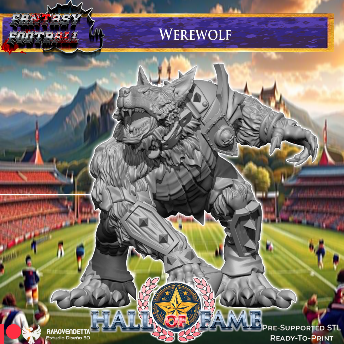 a large, imposing gray werewolf-like creature standing on a football field. The creature appears to be a fantasy football character, with a fierce expression and a muscular build. The background of the image depicts a football stadium, suggesting that the creature is a part of a fantasy football game or event.