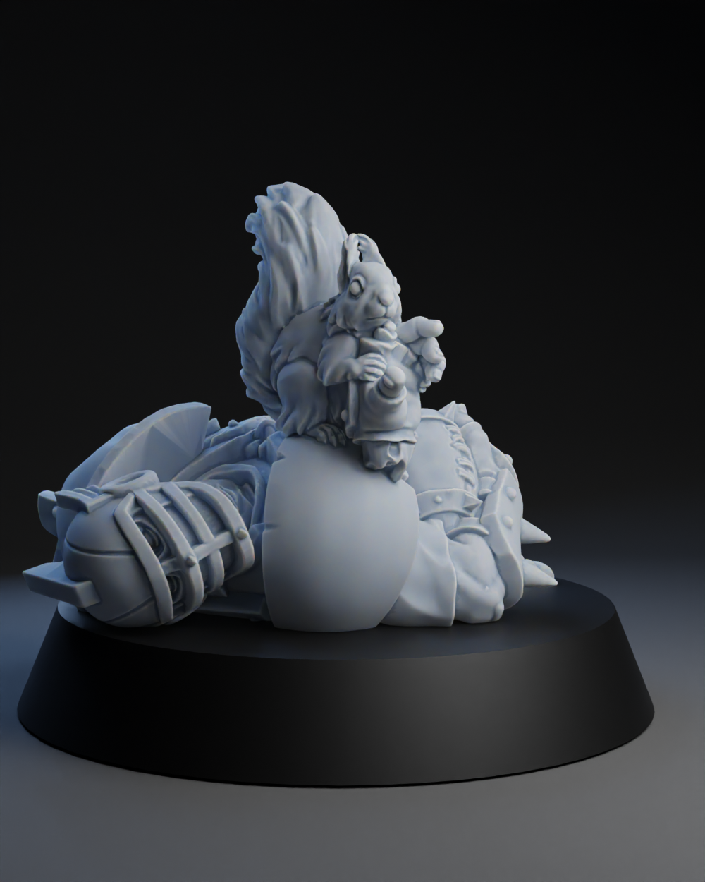 A 3D rendering of a sculpture depicting a person with a large head and a small body, sitting on a platform.