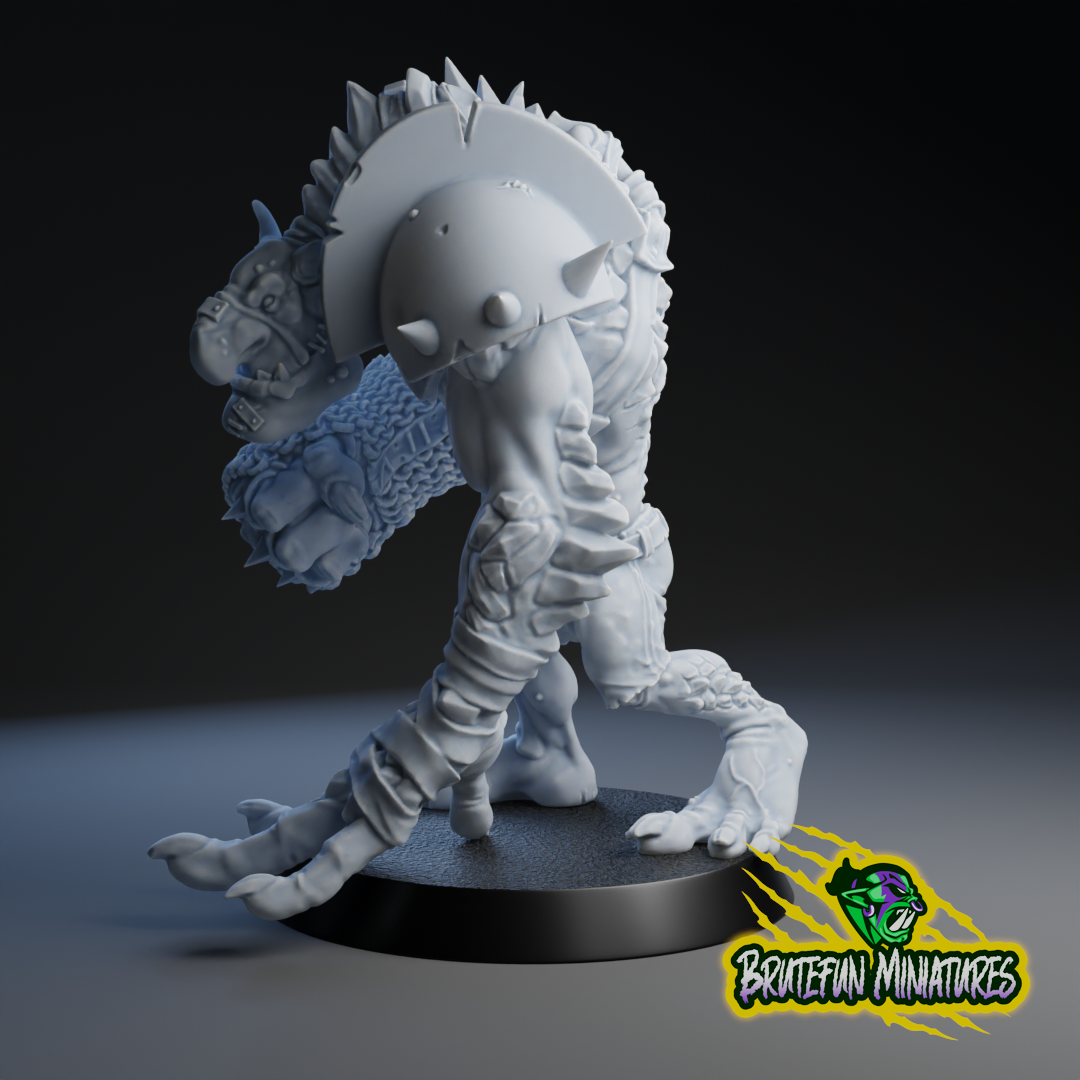 A 3D rendering of a fantastical creature with sharp teeth and claws, standing on a platform and holding a weapon.