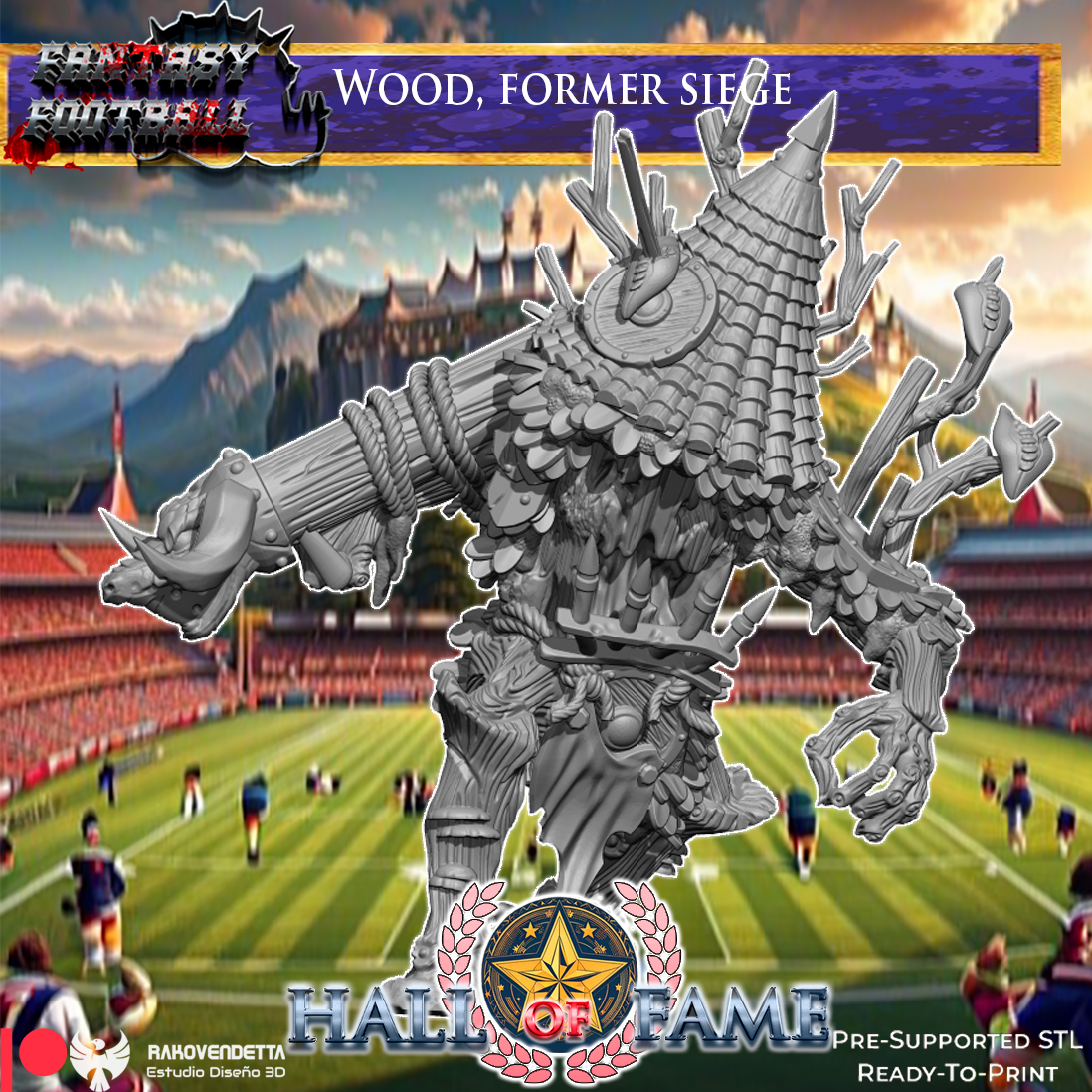 The image is a promotional poster for a fantasy football game called "Wood, Former Siege". It features a large, detailed statue of a fantasy football player on a football field, with a stadium and mountains in the background. The game is pre-supported for SL and is ready to print.
