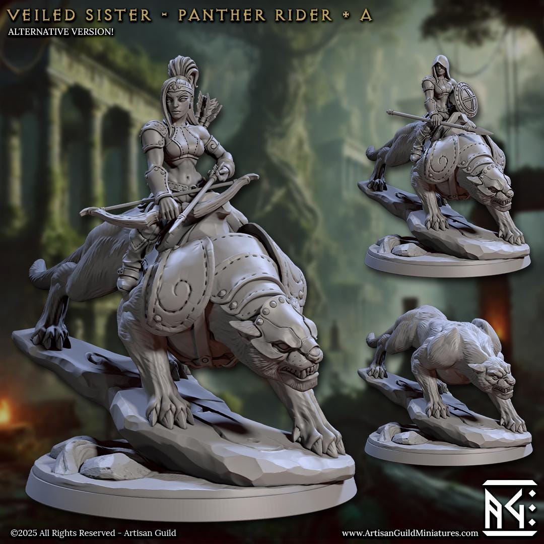 Panther Riders | Mounted Amazon Warriors | 32mm | Large | Amazon Warrior | Artisan Guild | Veiled Sisterhood | Dungeons and Dragons