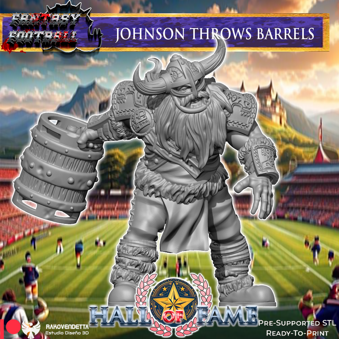 a large, imposing Viking-like figure holding a barrel, set against a backdrop of a football stadium and mountains.