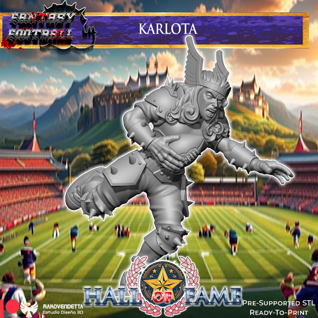 The image is a collage featuring a fantasy football player named Karlota, depicted in a dynamic pose on a football field. The background depicts a fantasy football stadium with players and a castle in the distance.