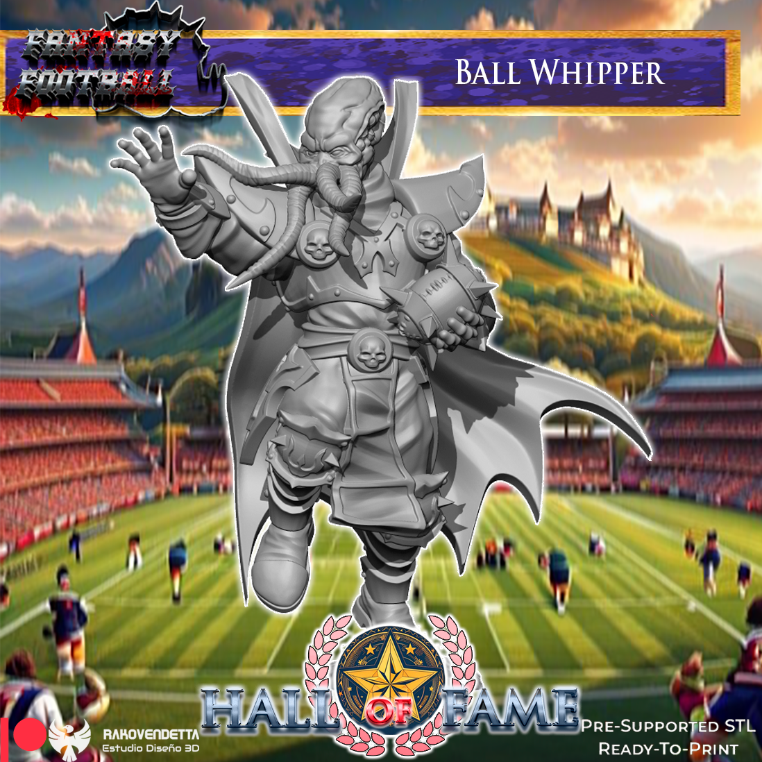 The image is a fantasy football advertisement featuring a statue of a character named Ball Whipper, who is a football player. The statue is shown in a dynamic pose, with a football in its hand, against the backdrop of a football field. The advertisement includes various text elements, such as the title "FANTASY FOOTBALL", the name "BALL WHIPPER", and the phrase "PRE-SUPPORTED SL".