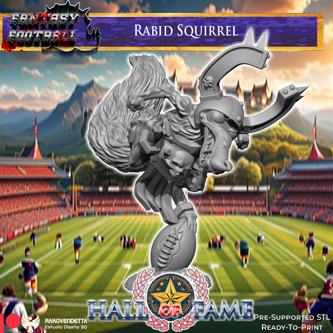 The image is a promotional poster for a fantasy football game called "Rabid Squirrel". It features a large statue of a squirrel with a football in its mouth, set against a backdrop of a football field and stadium.