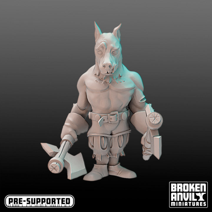 a 3d rendering of a dog with a hammer and a hammer