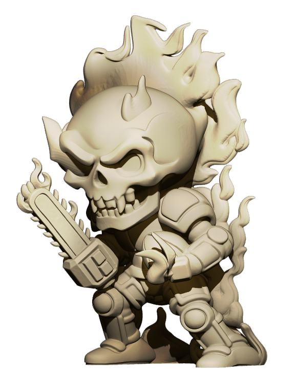 A 3D rendering of a skull-like character with flames emanating from its head, holding a chainsaw in its hand.