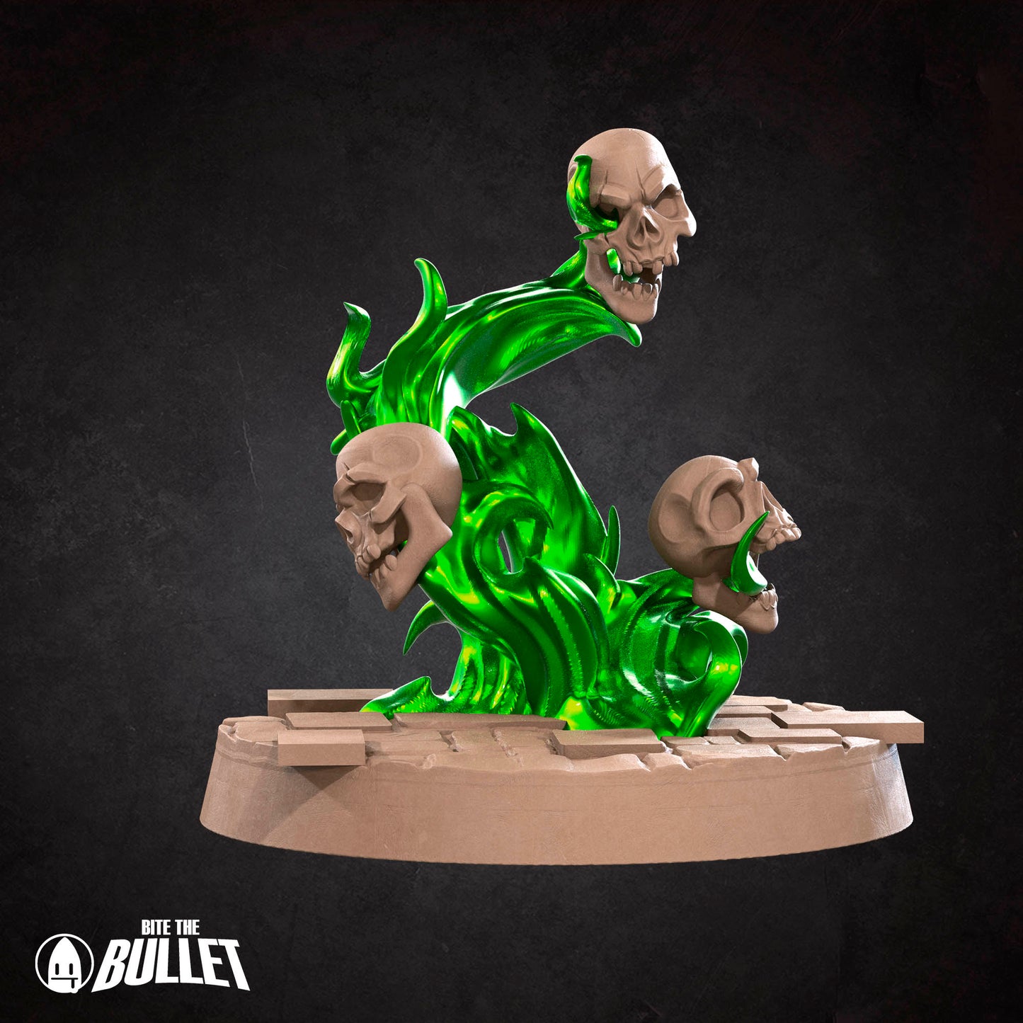 A 3D rendering of a green, glowing skull-like figure with a green, glowing plant-like structure growing out of it, set against a dark background.