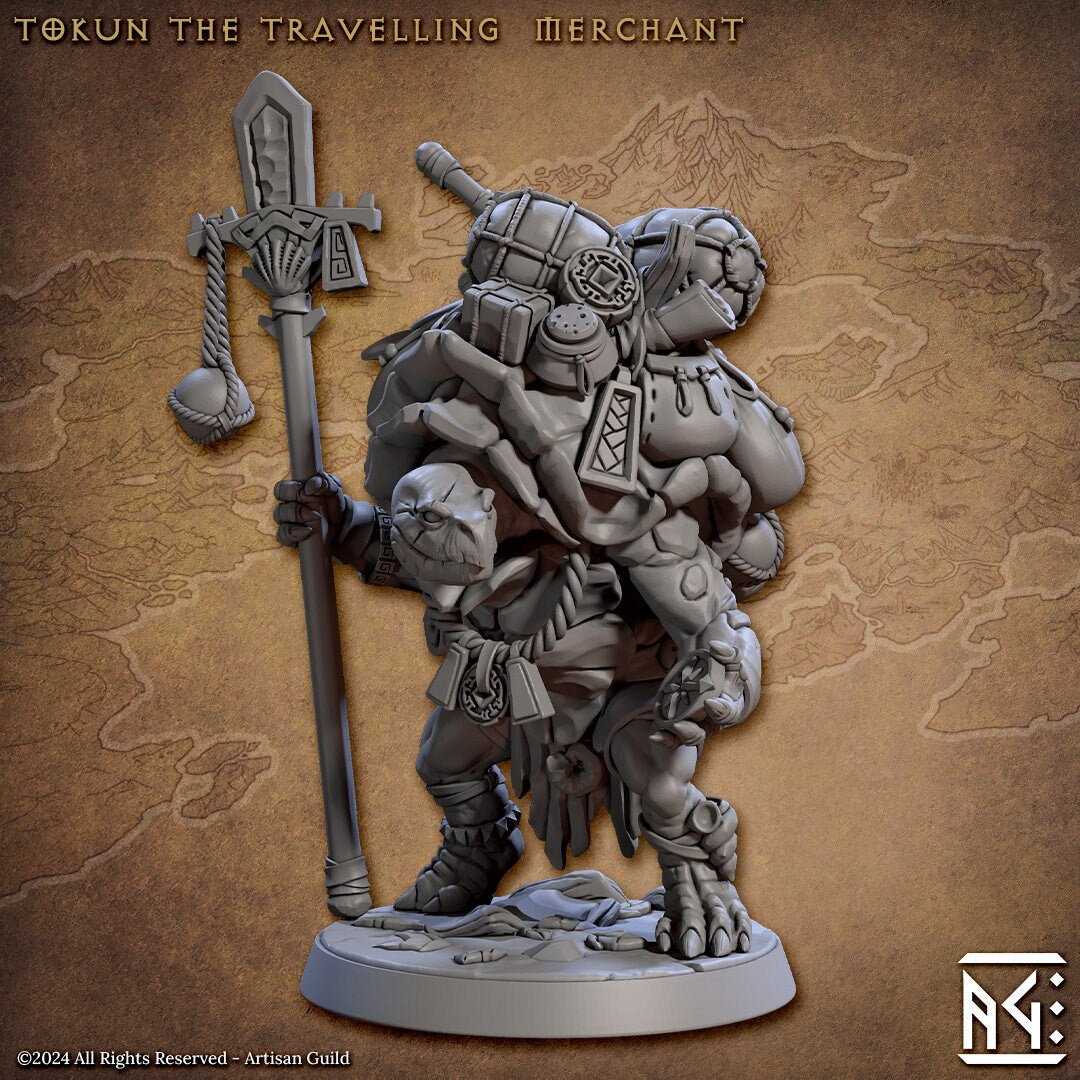Tokun the Travelling Merchant | Medium | 32mm | Artisan Guild | Jadeshell Turtlekin | Dungeons and Dragons | TTRPG | Resin Miniature