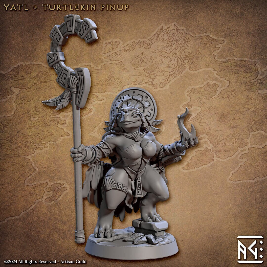 Yatl | Turtlefolk Seer | Pinup | Medium | 32mm | Artisan Guild | Jadeshell Turtlekin | Dungeons and Dragons | TTRPG | Resin Miniature