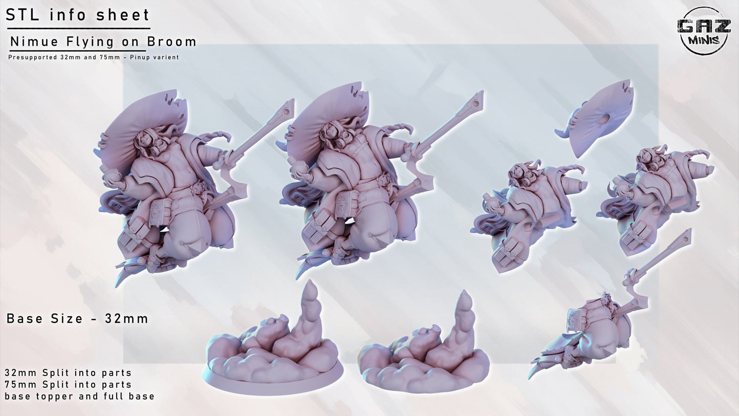 Nimue on Broom | Goblin Witch | NSFW Option | Medium | 32mm or 75mm Scale | Gaz Minis | Dungeons and Dragons | TTRPG | Miniature