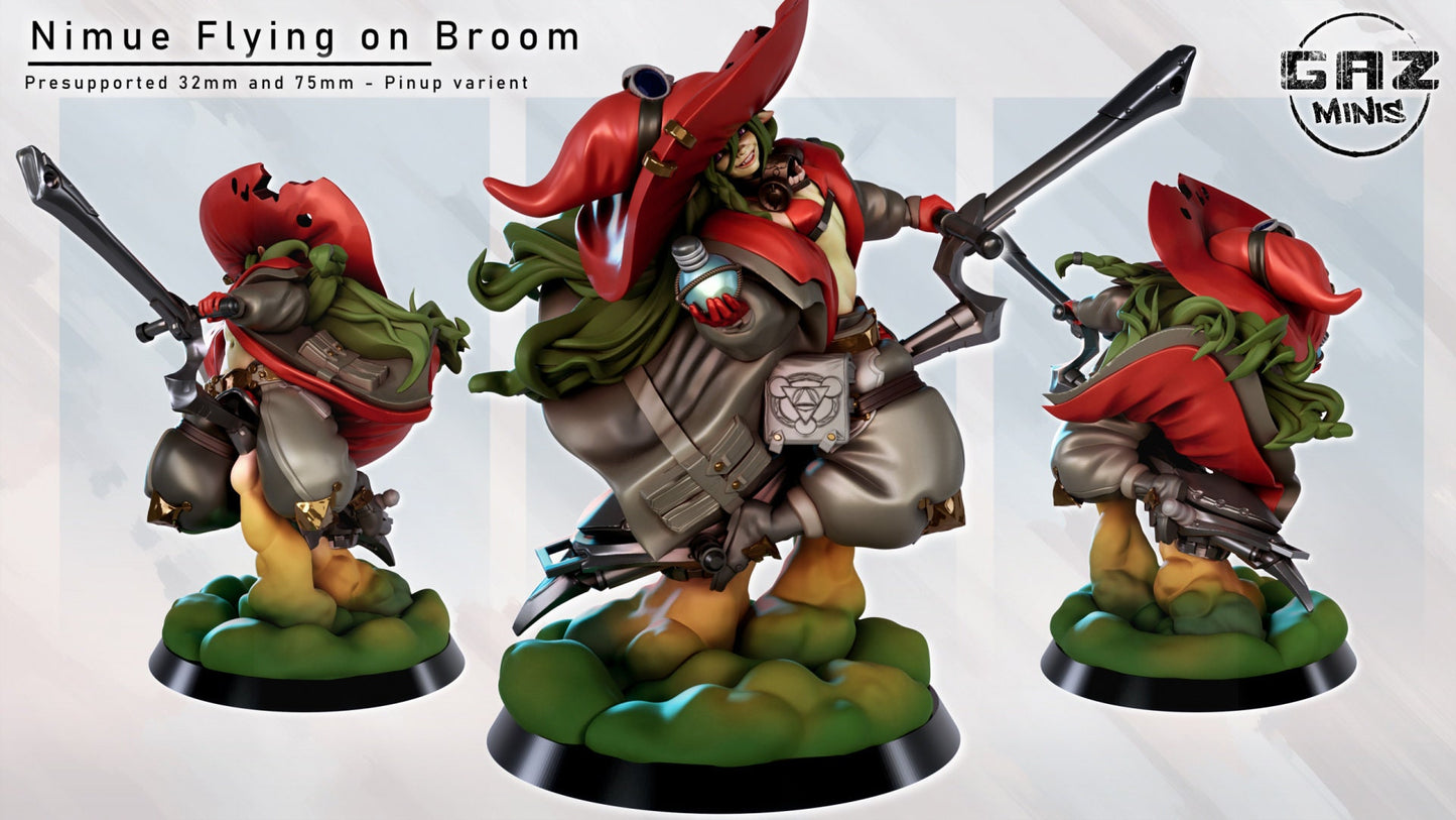 Nimue on Broom | Goblin Witch | NSFW Option | Medium | 32mm or 75mm Scale | Gaz Minis | Dungeons and Dragons | TTRPG | Miniature