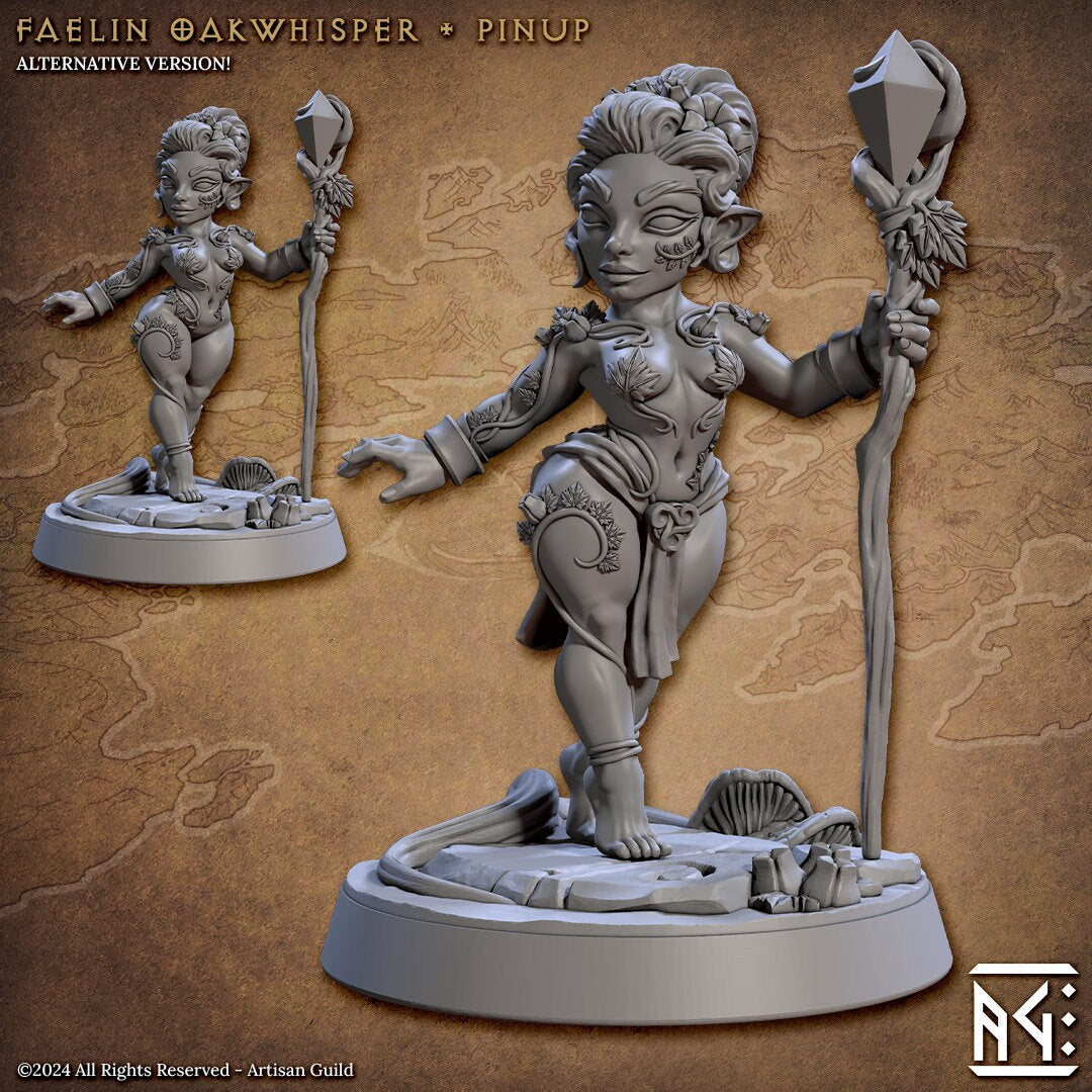 Faelin Oakwhisper | Medium | 32mm | Pinup | Deeproot Lurikeens | Elf | Gnome | Halfling | Dungeons and Dragons | Artisan Guild