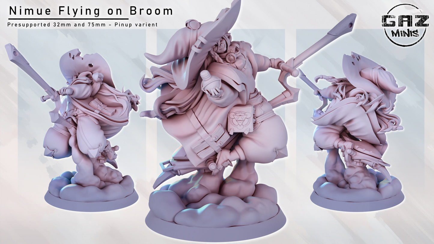 Nimue on Broom | Goblin Witch | NSFW Option | Medium | 32mm or 75mm Scale | Gaz Minis | Dungeons and Dragons | TTRPG | Miniature