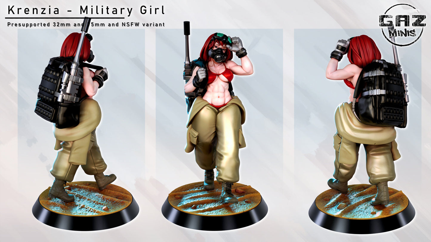 Krenzia | Military GIrl | NSFW Option | Medium | 32/75mm Scale | Gaz Minis | Dungeons and Dragons | TTRPG | Miniature | Wasteland Survivor