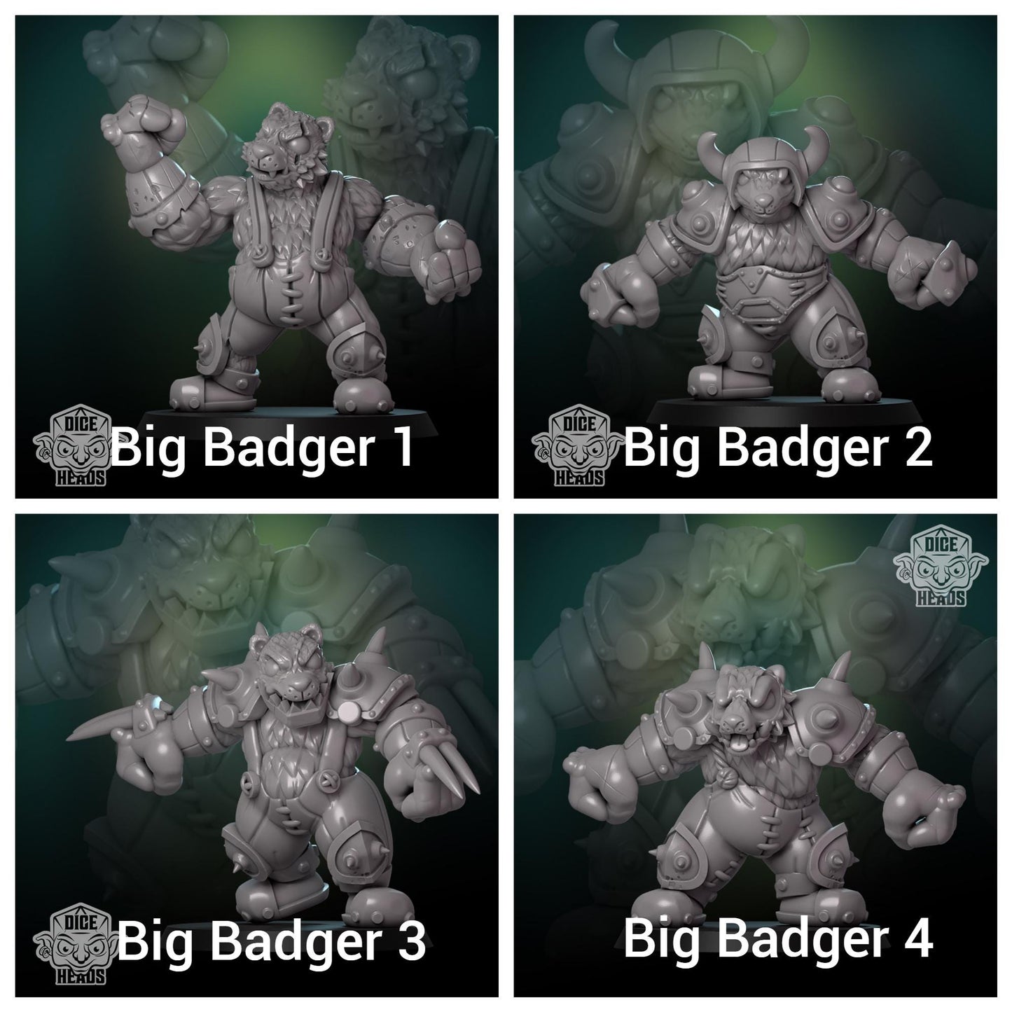 Brawlin' Badgers | Orc Team | 20 Models | Fantasy Football | Dice Heads | Badger themed team | Great for Children | Chibi