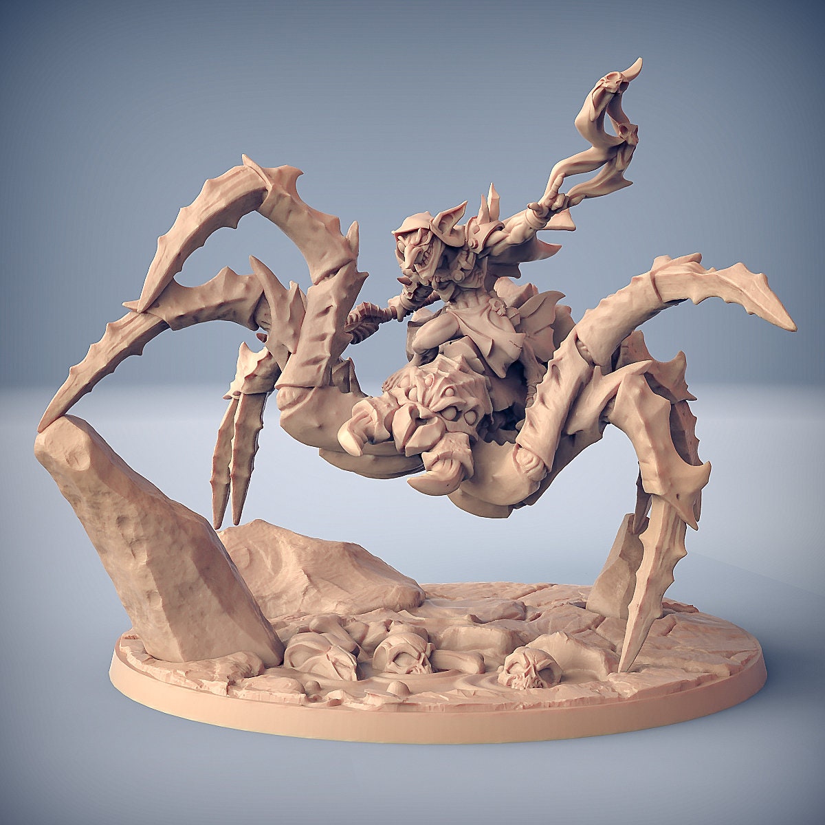 Zip Zaap on Spider | 2 Variations | Goblins | 32mm | 100mm Base | Artisan Guild | Sparksoot Goblins