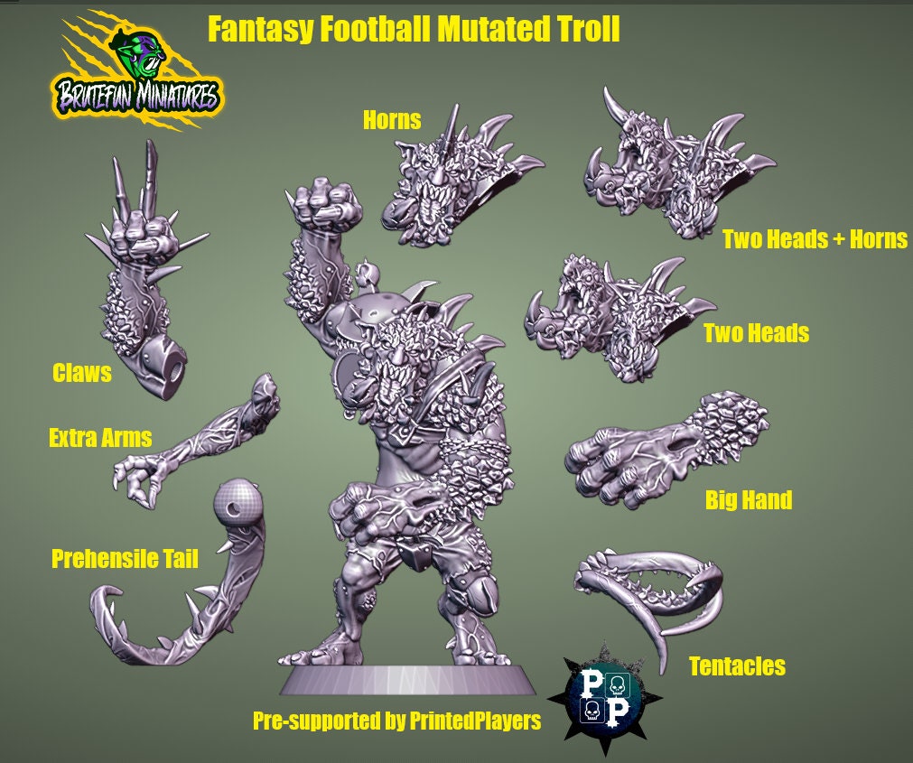 Mutated Troll | Big Guy | Various Mutations available | Star Player | Fantasy Football | BruteFun Minatures