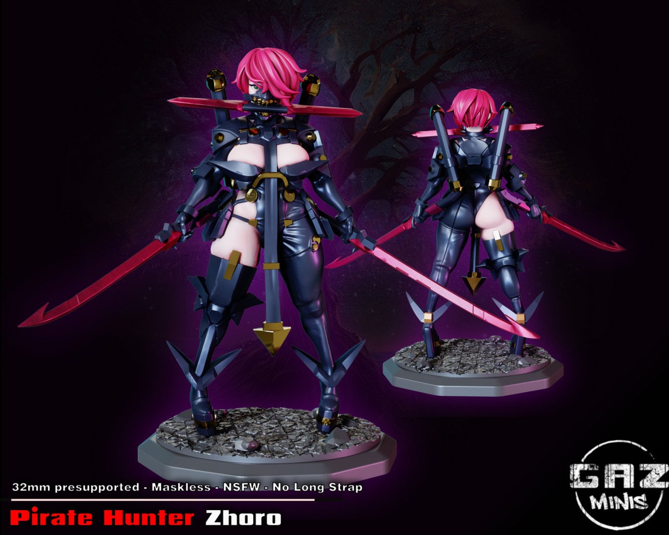Pirate Hunter Zhoro | Medium | 32mm | Gaz Minis | NSFW Option | Pinup | Cyberpunk