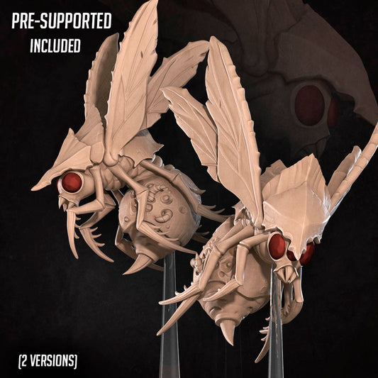 two detailed, winged creatures with red eyes, possibly insects or bugs, set against a dark background.