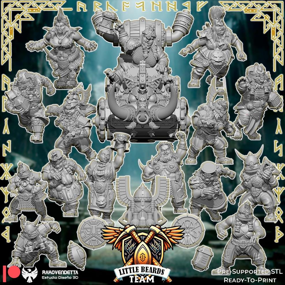 Little Beards | Female Dwarf Team | Fantasy Football | Txarli Factory | 3D Printed Miniature | 8K Quality Resin | Bases Included | TTRPG
