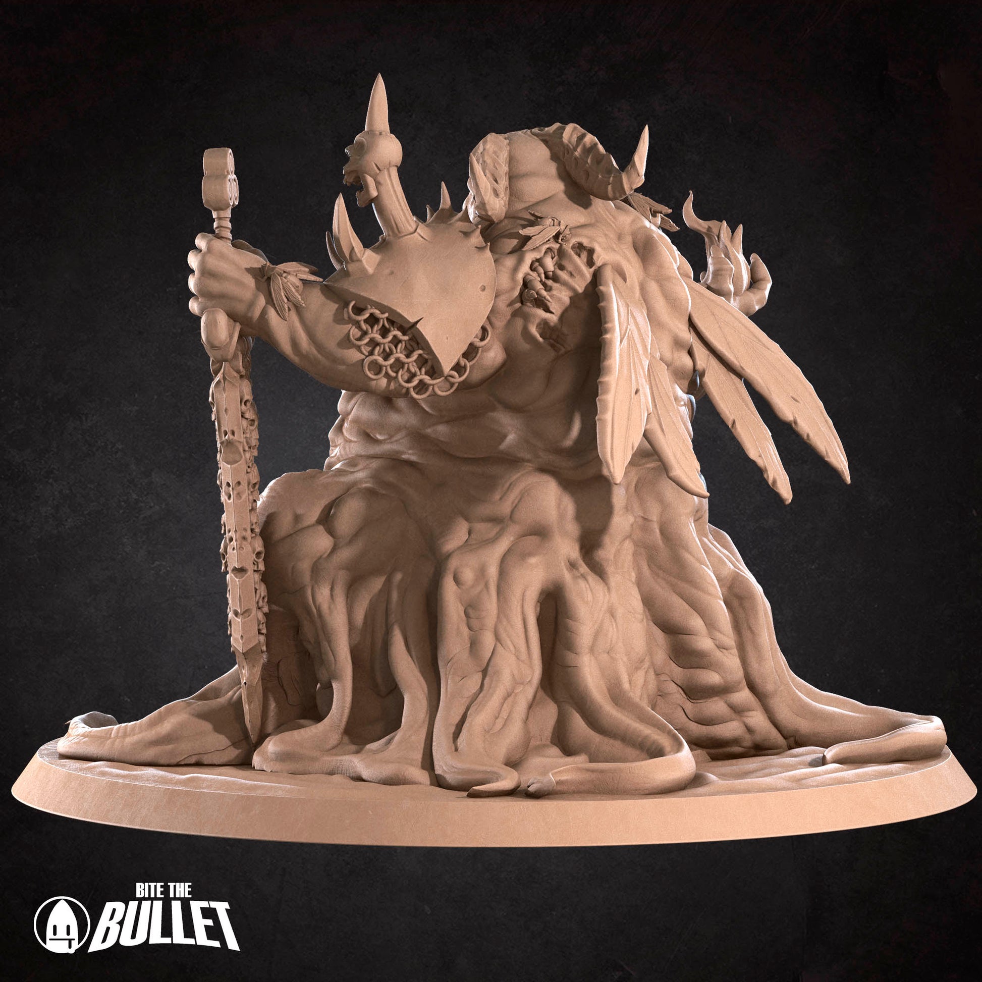 A 3D rendering of a fantastical creature with intricate, organic features and a large head, sitting on a base and holding a staff.