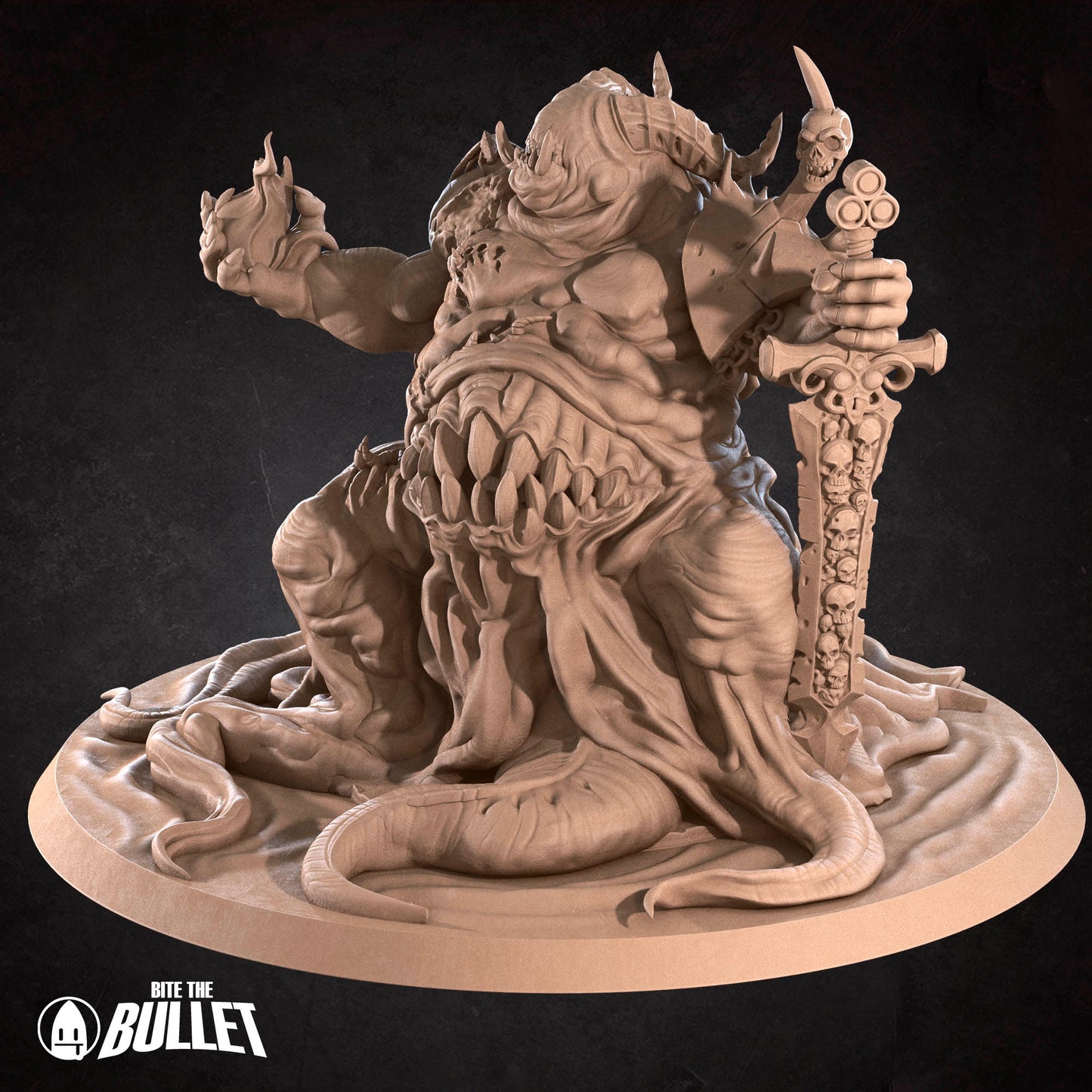 A 3D rendering of a fantastical creature with a large head, sharp teeth, and a menacing expression, holding a weapon and standing on a platform.
