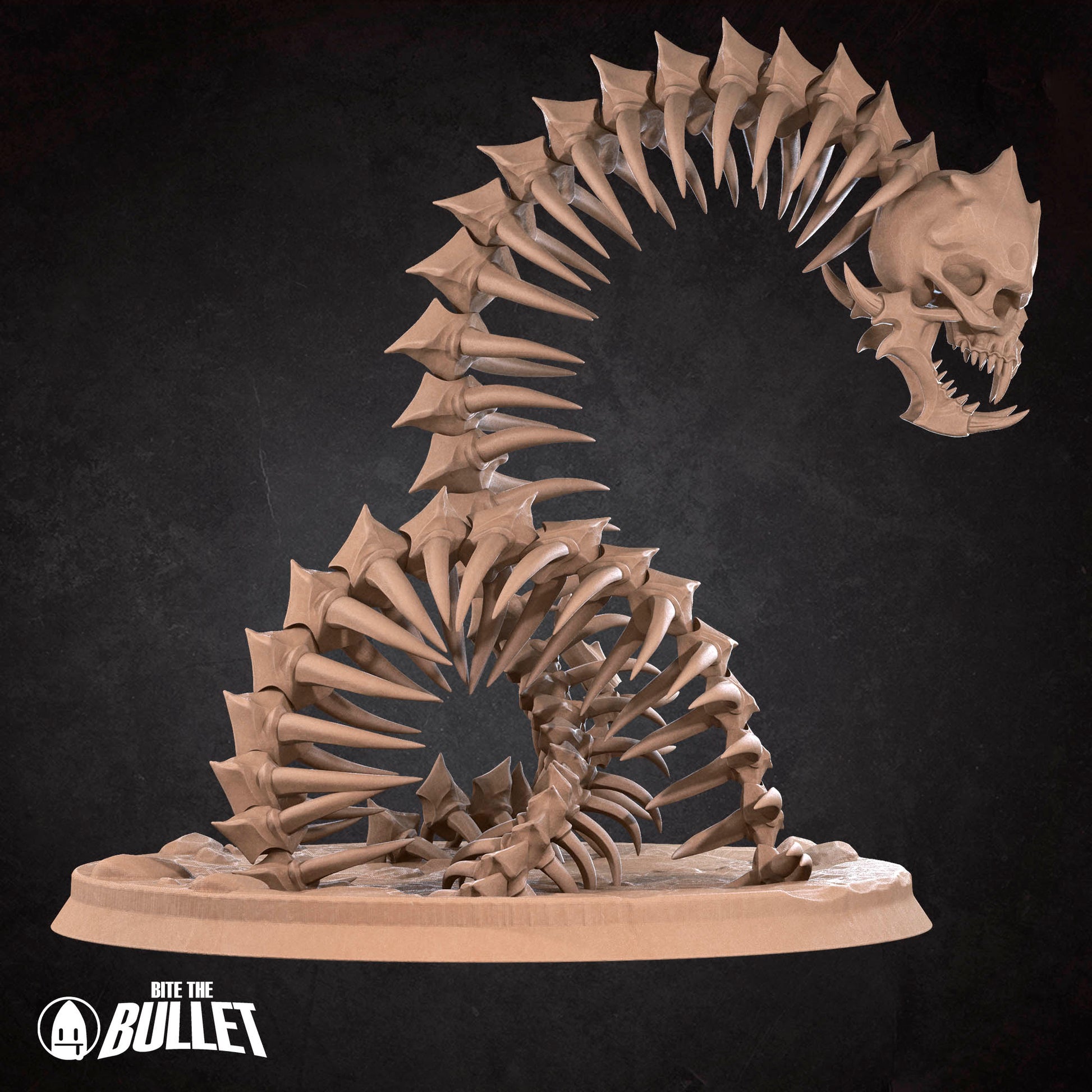 A 3D rendering of a skeletal structure resembling a twisted, coiled snake or serpent.