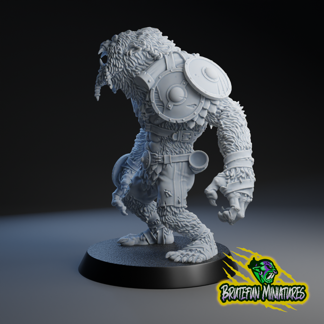 A 3D model of a furry, armored fantasy creature with a fierce expression, standing on a platform.