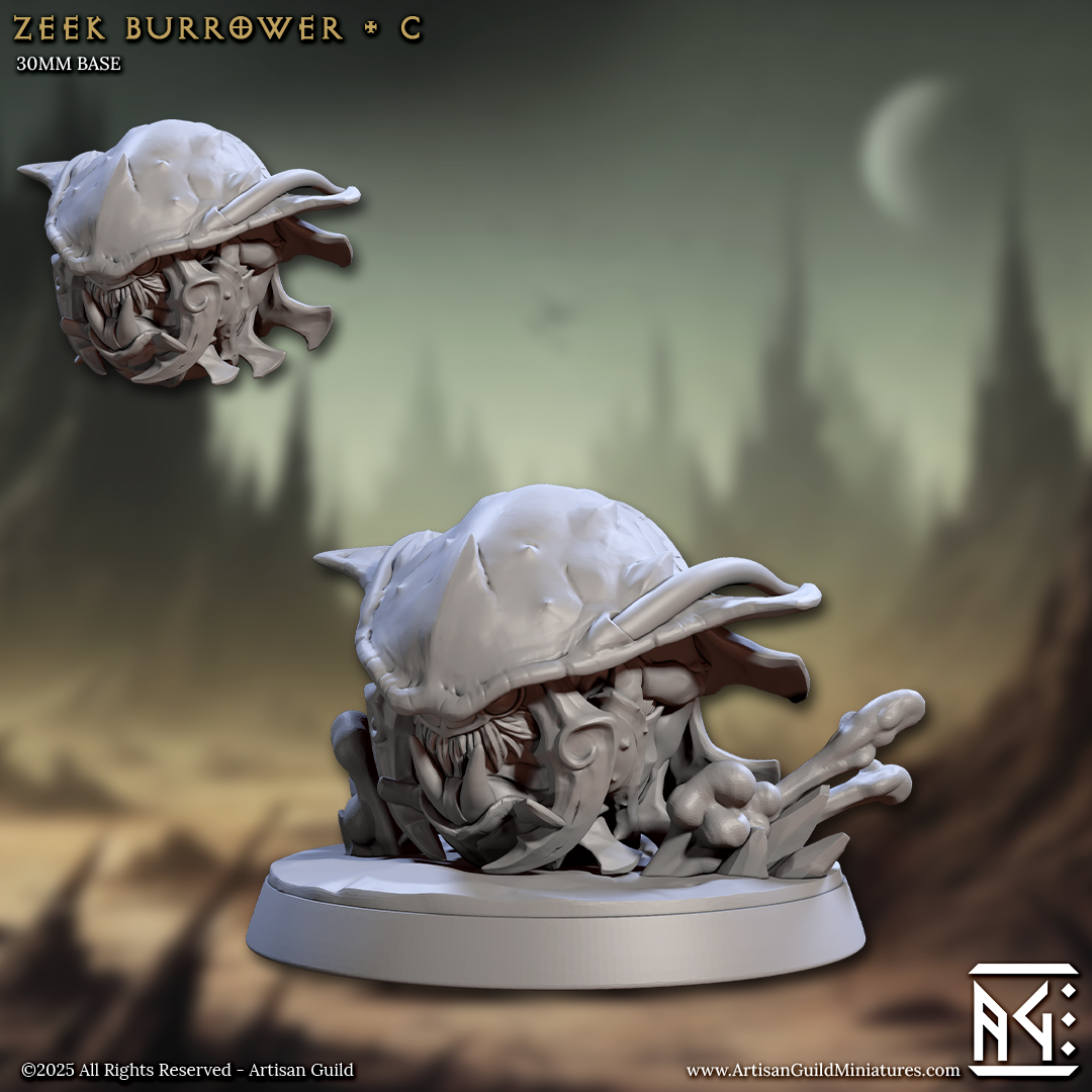 a 3D model of a creature resembling a burrowing animal, possibly a type of insect or small mammal, set against a backdrop of a foggy, mountainous landscape.