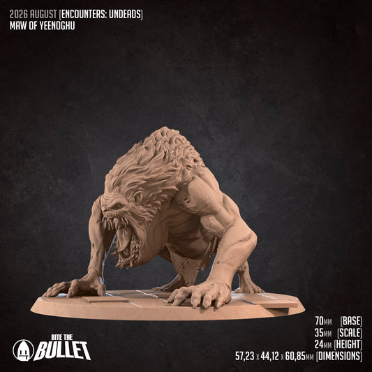 The image is a 3D rendering of a large, fierce-looking creature with sharp teeth, possibly a monster or a dragon-like creature. The creature is depicted in a dynamic pose, with its mouth open and claws extended. The image is set against a dark background, which emphasizes the creature's imposing presence. The image is described as a "2026 August Encounter: Unders" and is part of a "Maw of Yeog Hound".