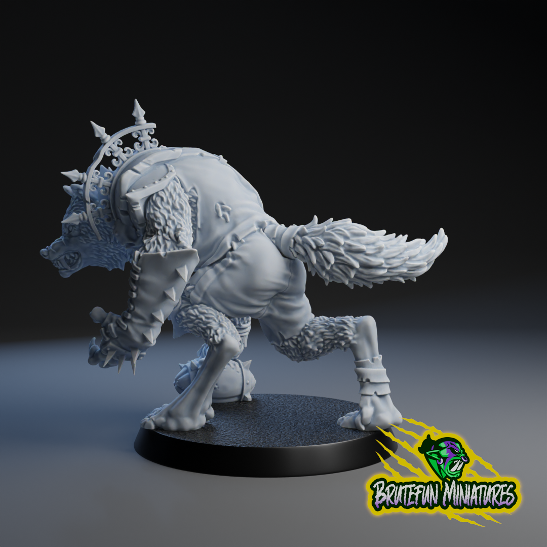 A 3D model of a fierce-looking wolf-like creature with sharp teeth and claws, standing on a platform.
